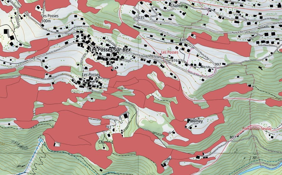swisstopo national map showing the protected perimeter of Les Posses (Dry meadow)