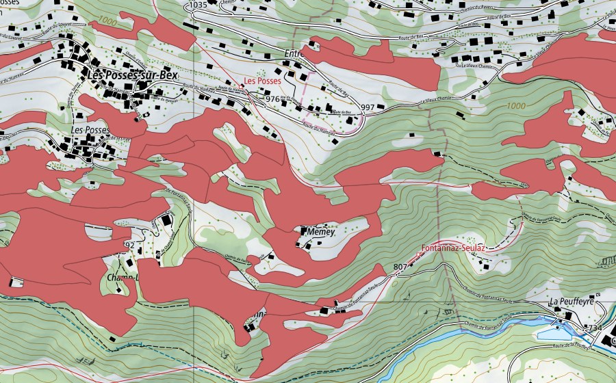 Carte nationale swisstopo avec le périmètre protégé de Les Posses (Prairie sèche)