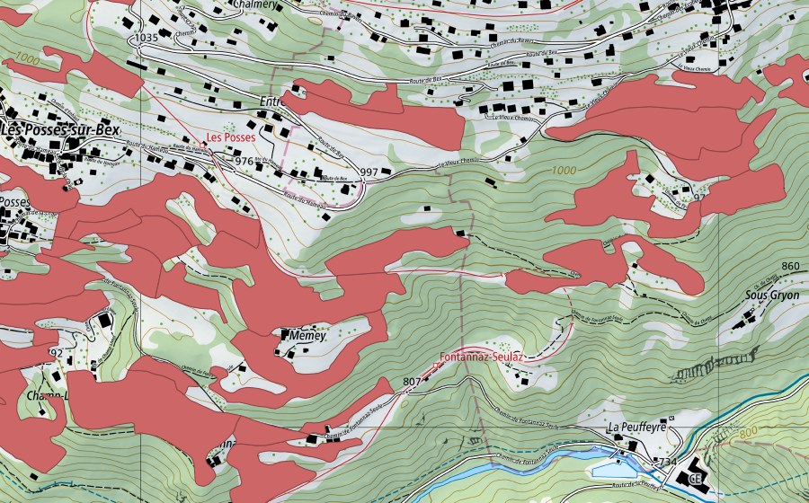 swisstopo national map showing the protected perimeter of Les Posses (Dry meadow)