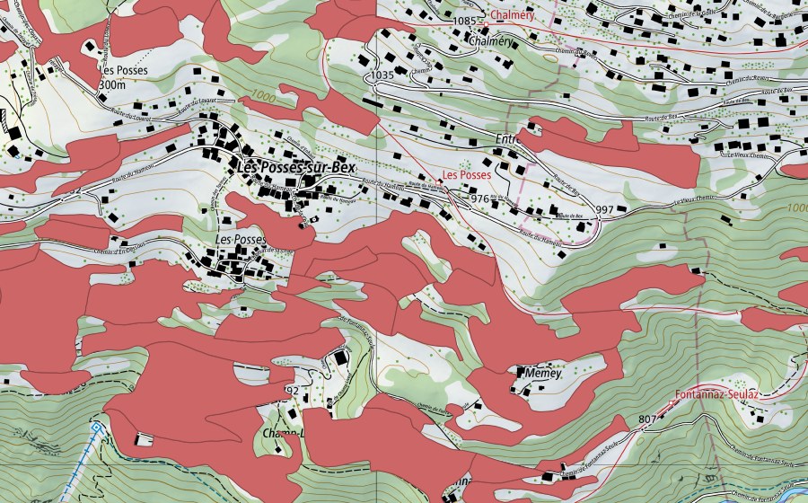 Landeskarte swisstopo mit dem Schutzperimeter von Les Posses (Trockenwiese)
