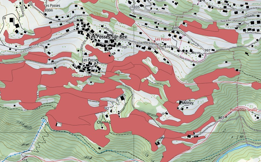 swisstopo national map showing the protected perimeter of Les Posses (Dry meadow)