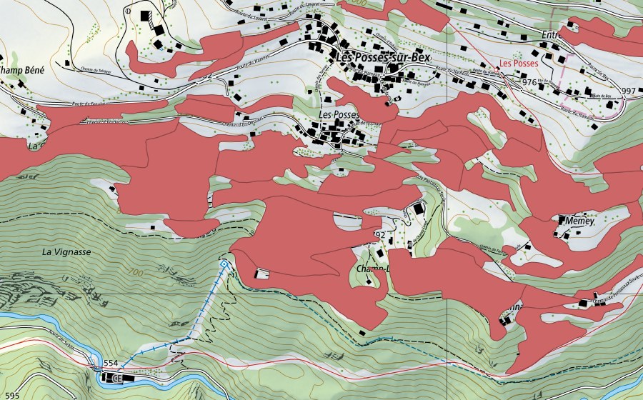 Landeskarte swisstopo mit dem Schutzperimeter von Les Posses (Trockenwiese)