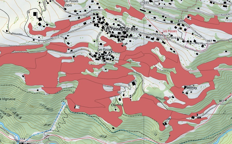 Carte nationale swisstopo avec le périmètre protégé de Les Posses (Prairie sèche)