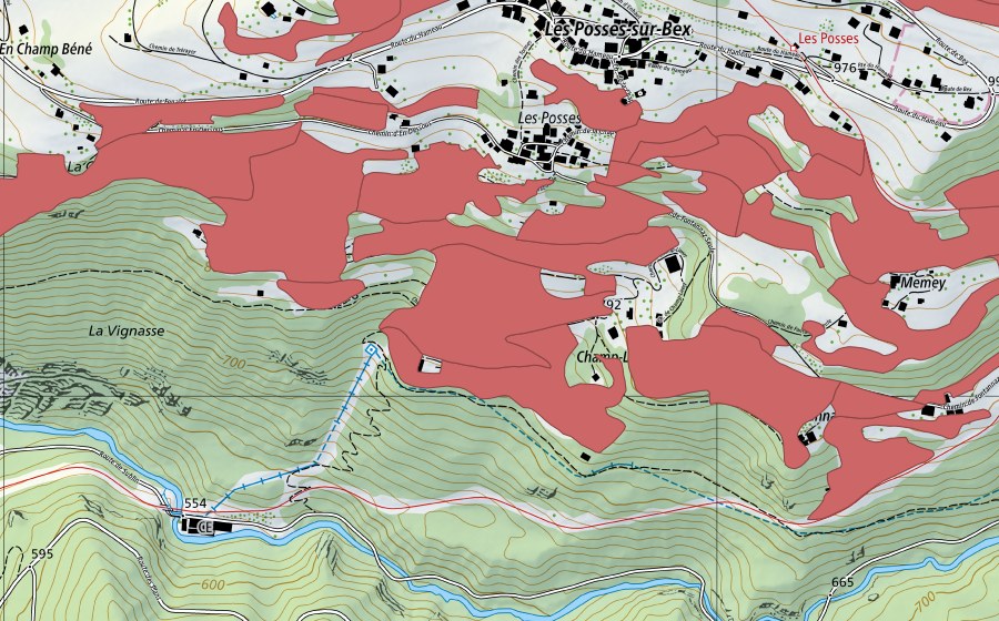 swisstopo national map showing the protected perimeter of Les Posses (Dry meadow)