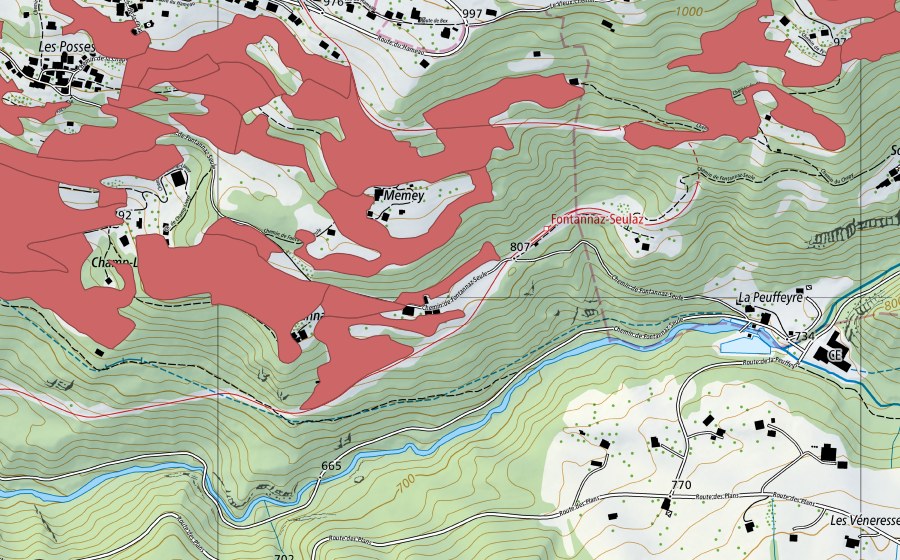 Carte nationale swisstopo avec le périmètre protégé de Les Posses (Prairie sèche)