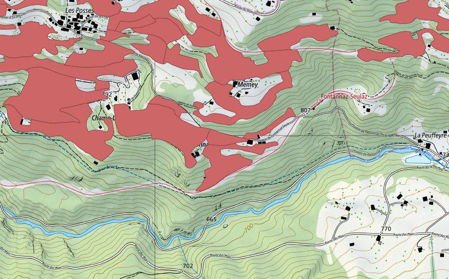Carte nationale swisstopo avec le périmètre protégé de Les Posses (Prairie sèche)