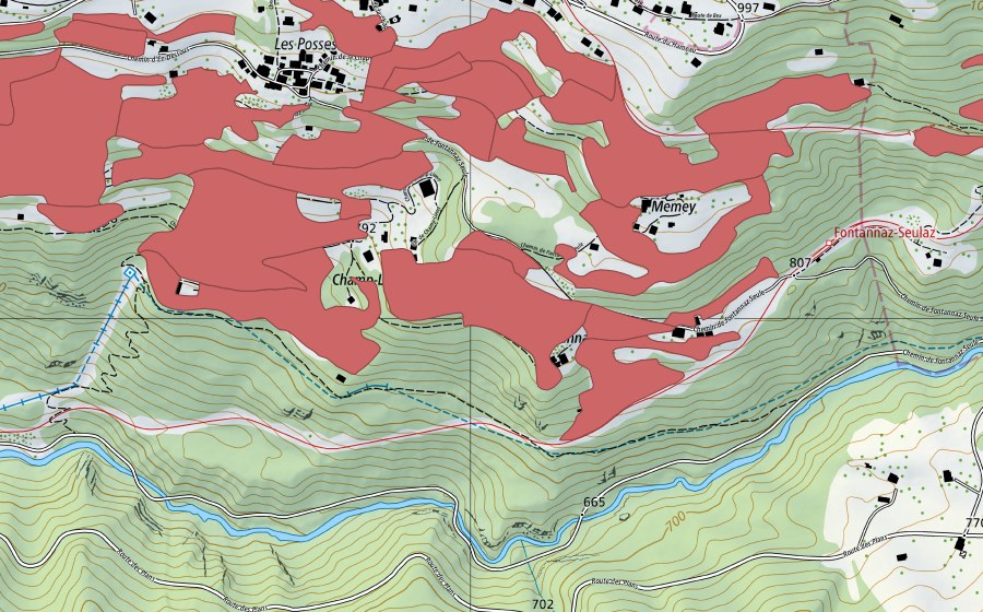 Landeskarte swisstopo mit dem Schutzperimeter von Les Posses (Trockenwiese)