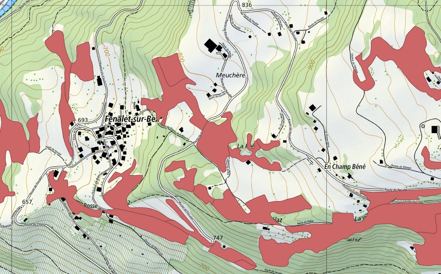 Carte nationale swisstopo avec le périmètre protégé de Les Posses (Prairie sèche)
