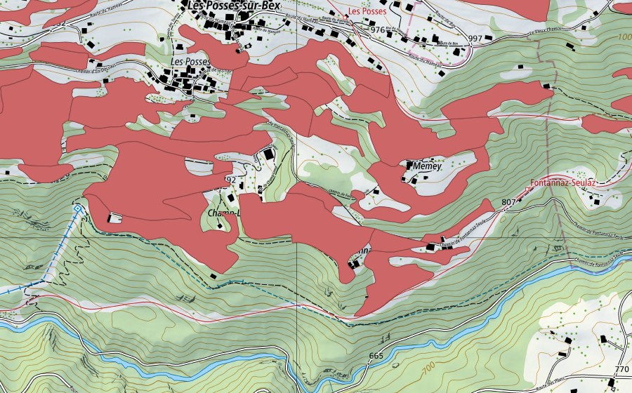 Carte nationale swisstopo avec le périmètre protégé de Les Posses (Prairie sèche)