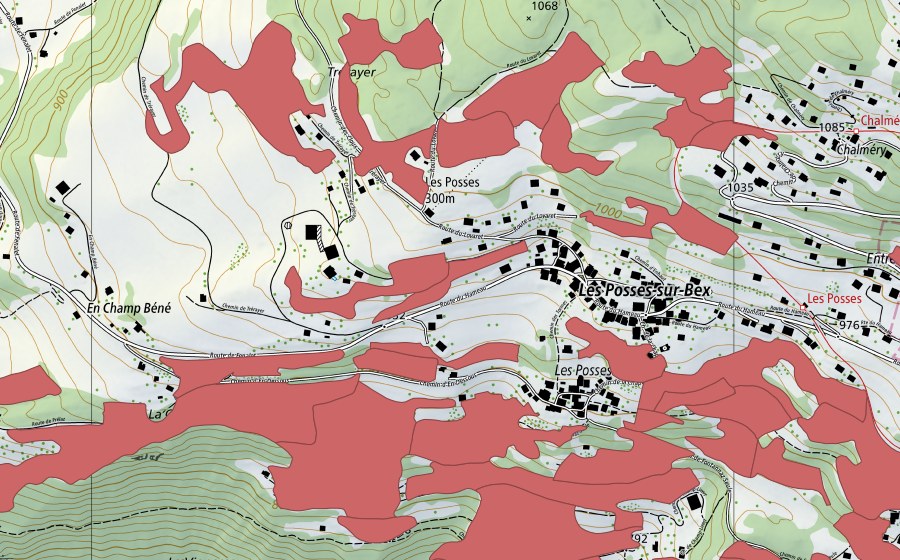 swisstopo national map showing the protected perimeter of Les Posses (Dry meadow)