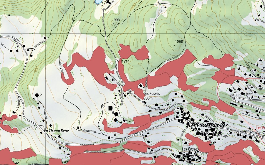 swisstopo national map showing the protected perimeter of Les Posses (Dry meadow)