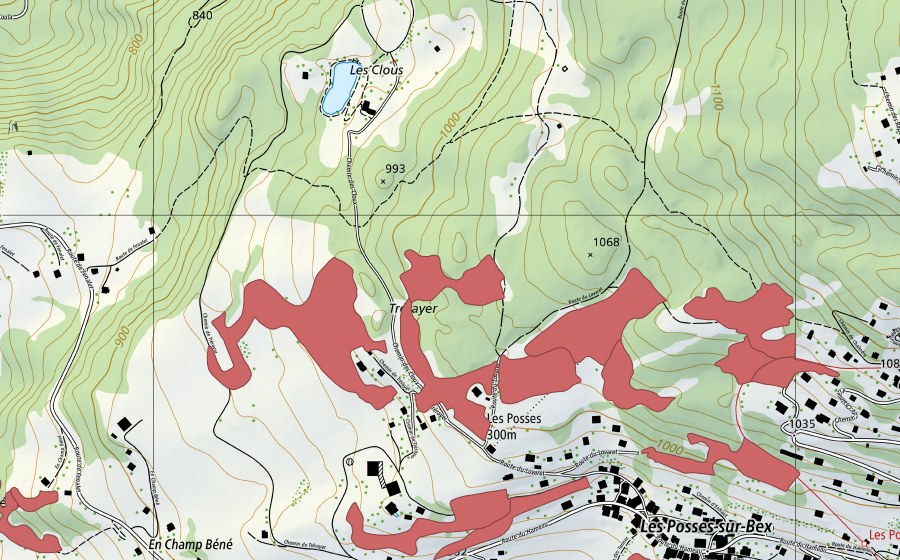 swisstopo national map showing the protected perimeter of Les Posses (Dry meadow)
