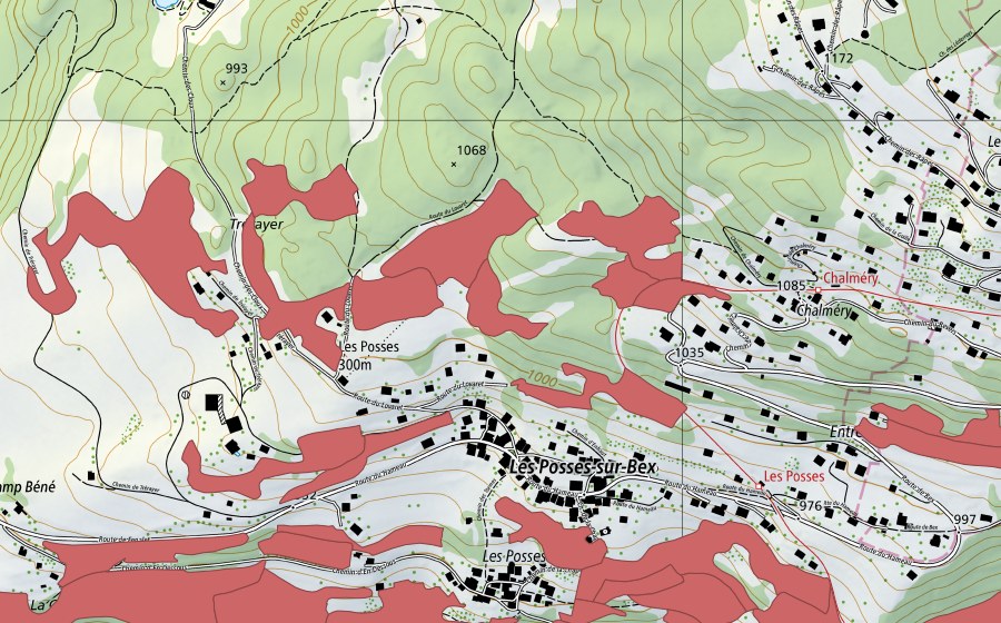 swisstopo national map showing the protected perimeter of Les Posses (Dry meadow)