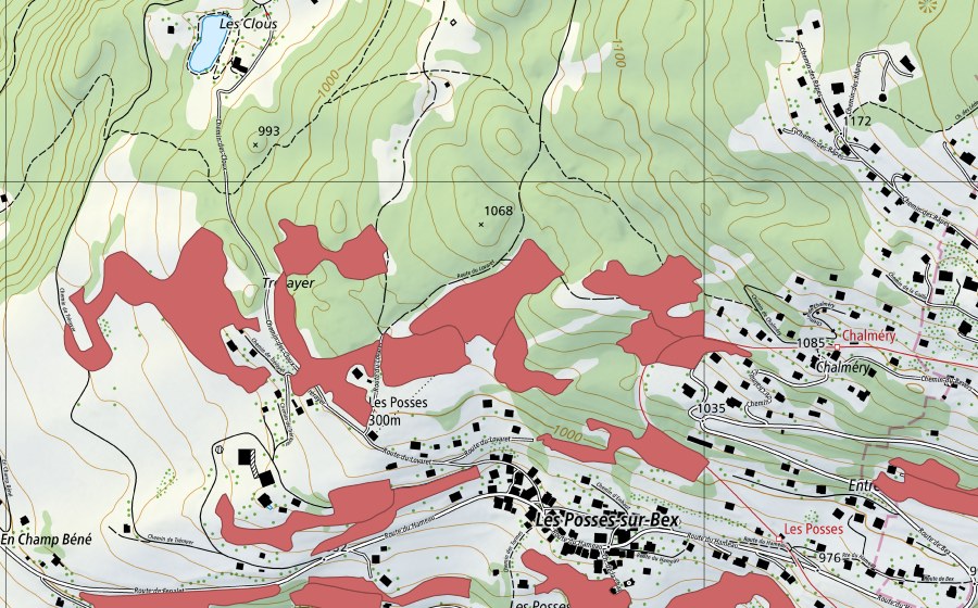 swisstopo national map showing the protected perimeter of Les Posses (Dry meadow)