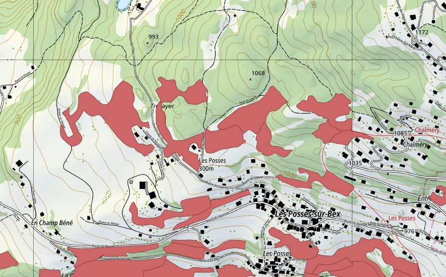 swisstopo national map showing the protected perimeter of Les Posses (Dry meadow)