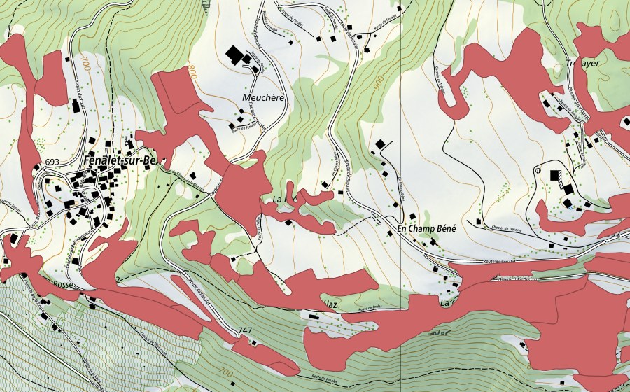 Carte nationale swisstopo avec le périmètre protégé de Les Posses (Prairie sèche)
