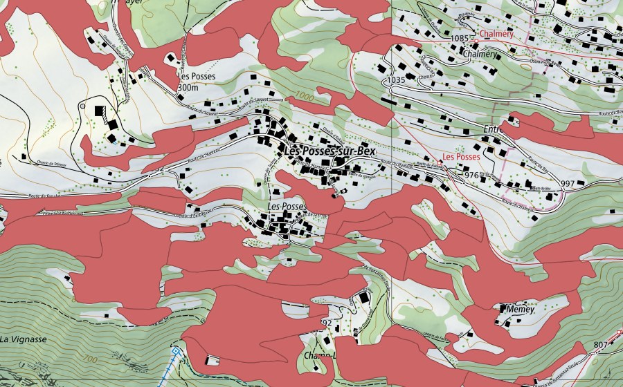 Landeskarte swisstopo mit dem Schutzperimeter von Les Posses (Trockenwiese)