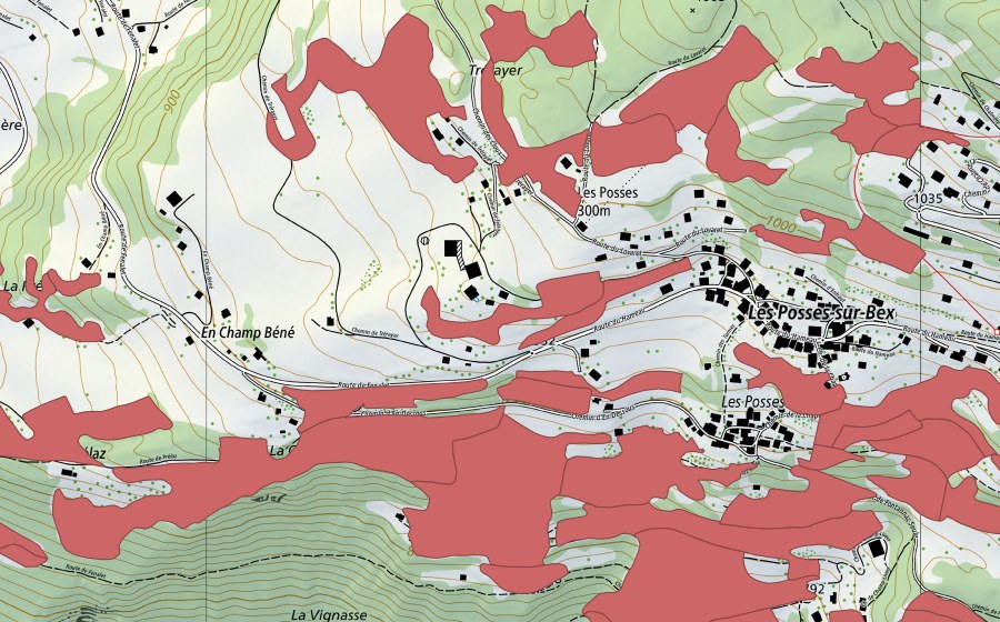 Carte nationale swisstopo avec le périmètre protégé de Les Posses (Prairie sèche)