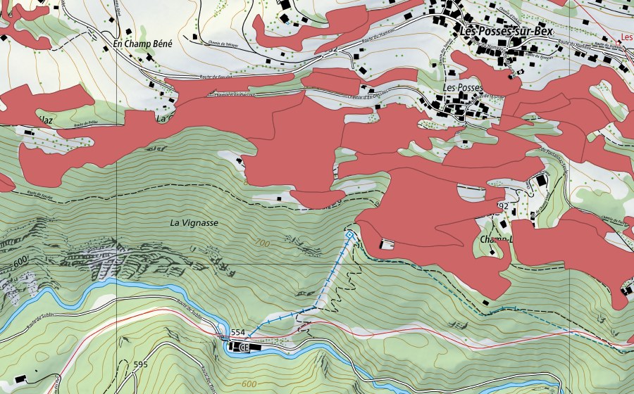 swisstopo national map showing the protected perimeter of Les Posses (Dry meadow)