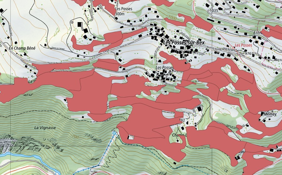 Carte nationale swisstopo avec le périmètre protégé de Les Posses (Prairie sèche)