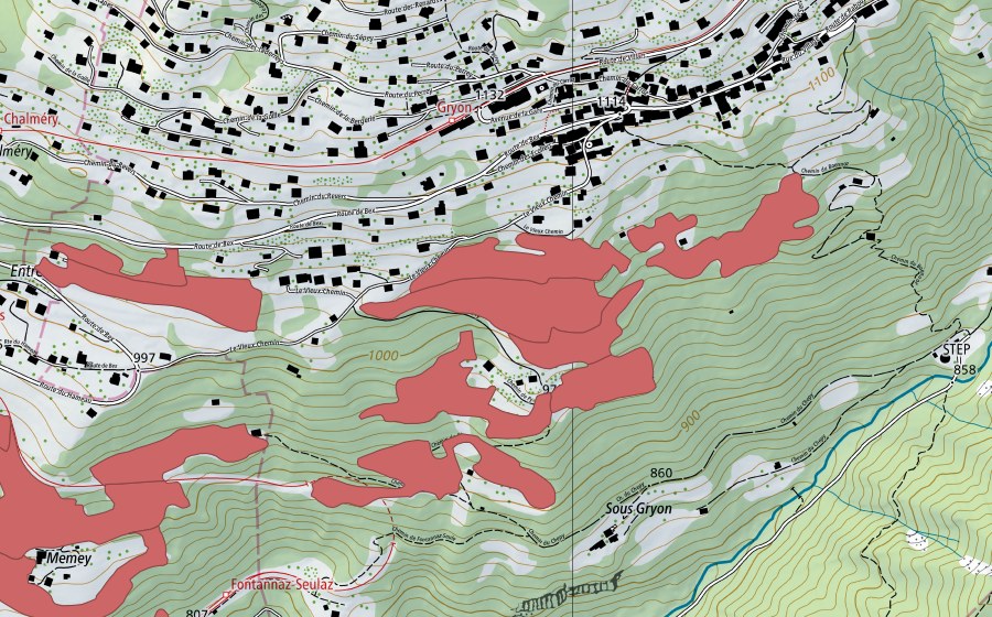 swisstopo national map showing the protected perimeter of Les Posses (Dry meadow)