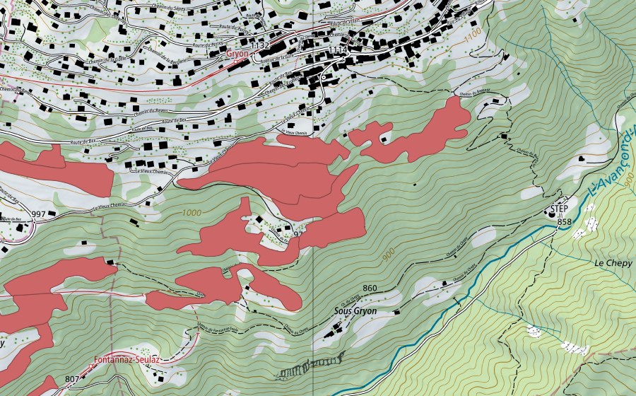 Landeskarte swisstopo mit dem Schutzperimeter von Les Posses (Trockenwiese)