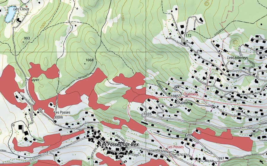 swisstopo national map showing the protected perimeter of Les Posses (Dry meadow)