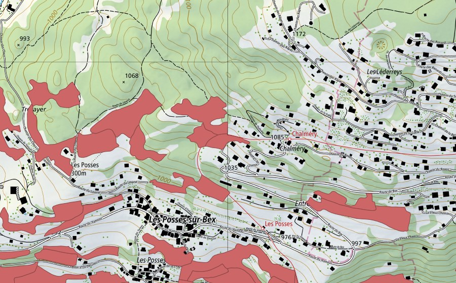 swisstopo national map showing the protected perimeter of Les Posses (Dry meadow)
