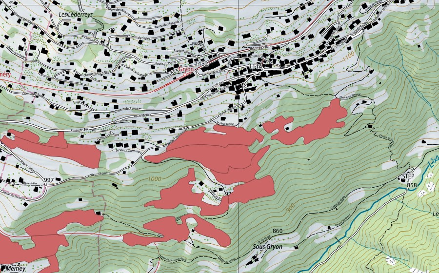 Landeskarte swisstopo mit dem Schutzperimeter von Les Posses (Trockenwiese)