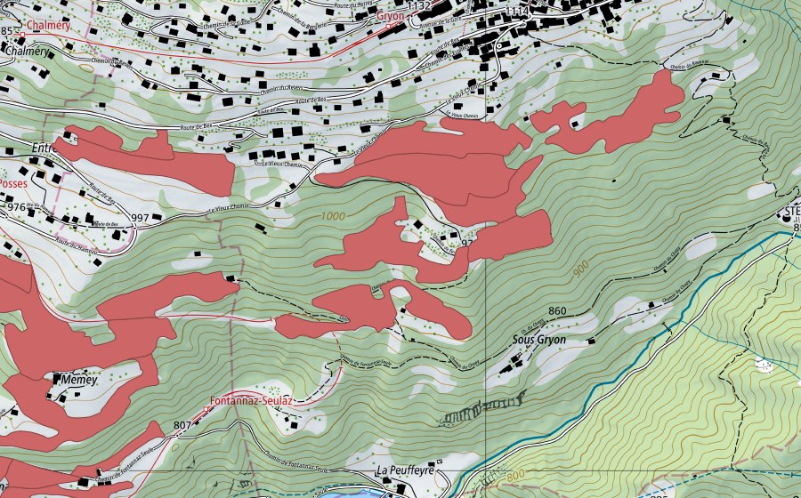 Landeskarte swisstopo mit dem Schutzperimeter von Les Posses (Trockenwiese)