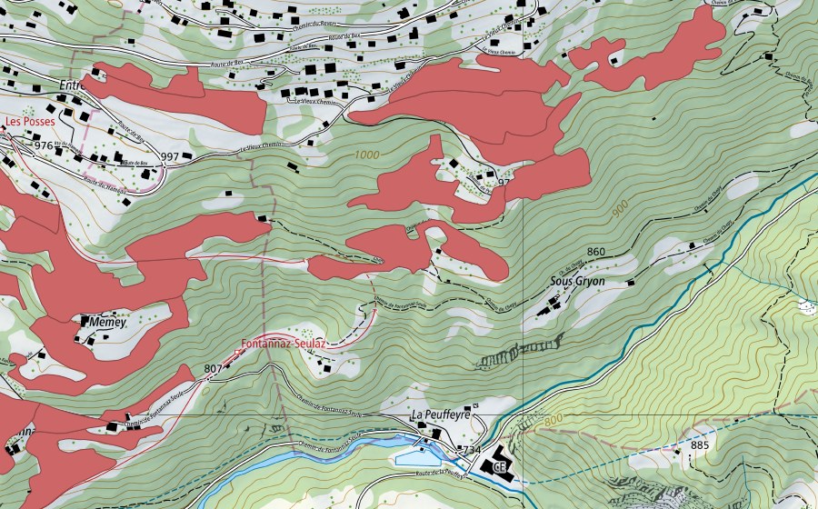 Landeskarte swisstopo mit dem Schutzperimeter von Les Posses (Trockenwiese)