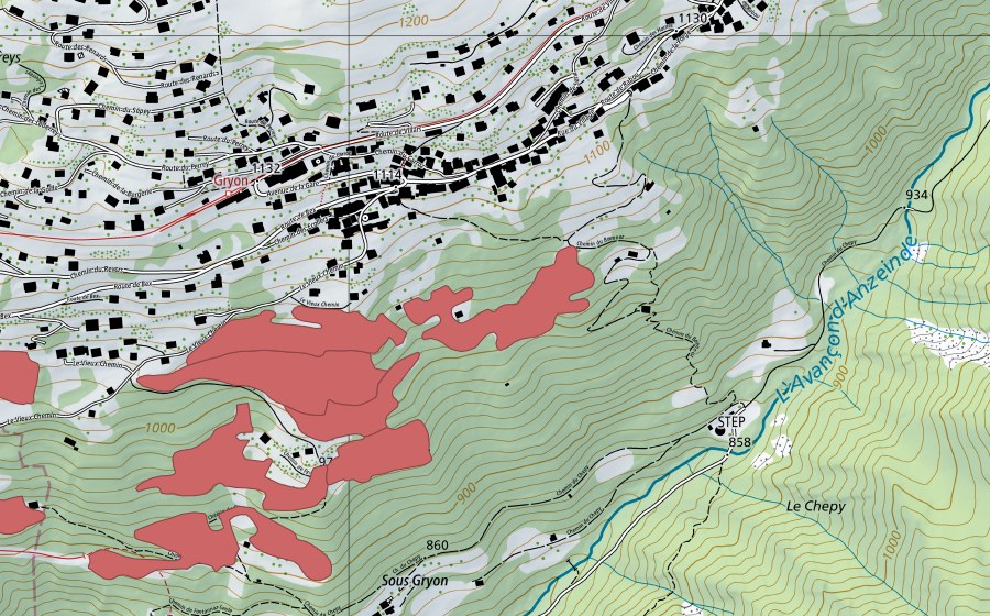 Carte nationale swisstopo avec le périmètre protégé de Les Posses (Prairie sèche)