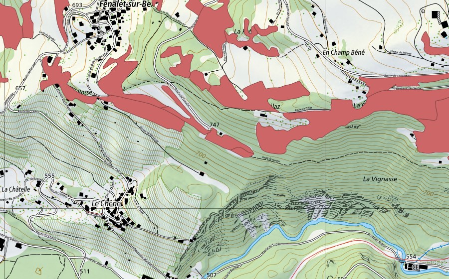 Carte nationale swisstopo avec le périmètre protégé de Les Posses (Prairie sèche)