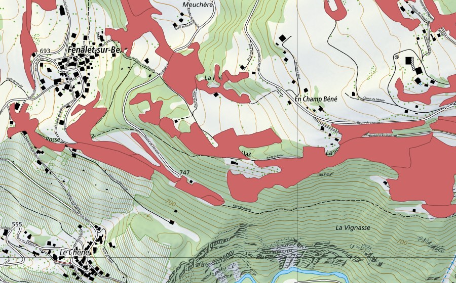 Carte nationale swisstopo avec le périmètre protégé de Les Posses (Prairie sèche)