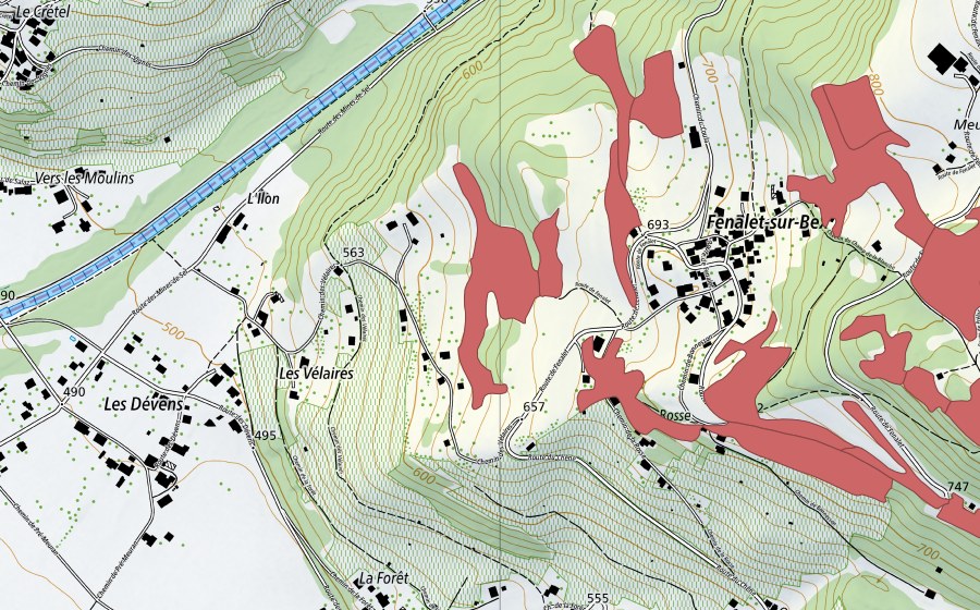 Carte nationale swisstopo avec le périmètre protégé de Les Posses (Prairie sèche)