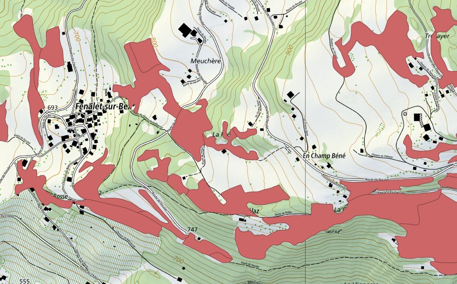Landeskarte swisstopo mit dem Schutzperimeter von Les Posses (Trockenwiese)