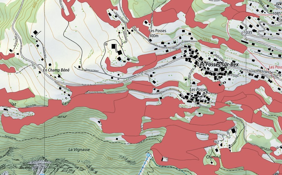 Carte nationale swisstopo avec le périmètre protégé de Les Posses (Prairie sèche)