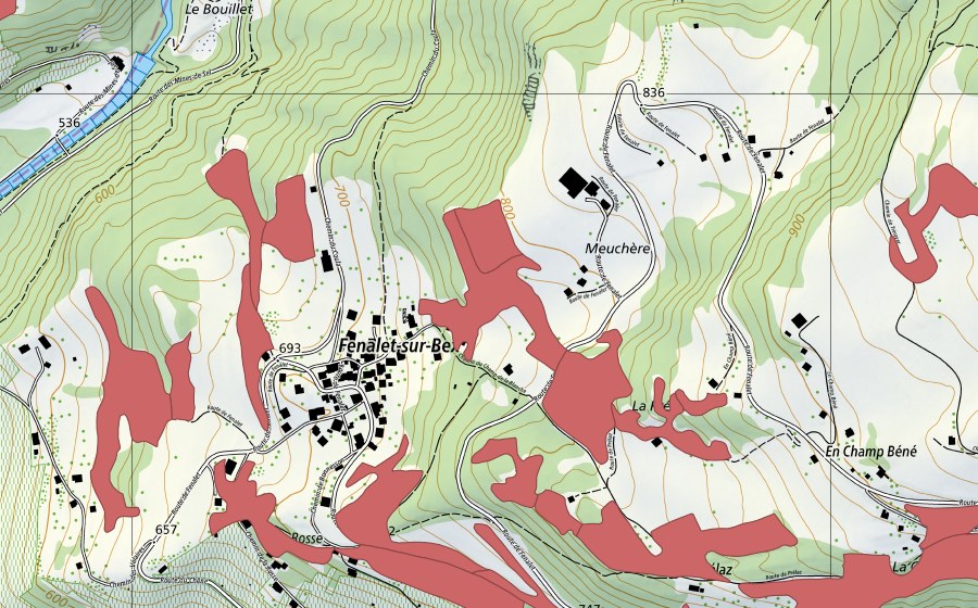 Carte nationale swisstopo avec le périmètre protégé de Les Posses (Prairie sèche)