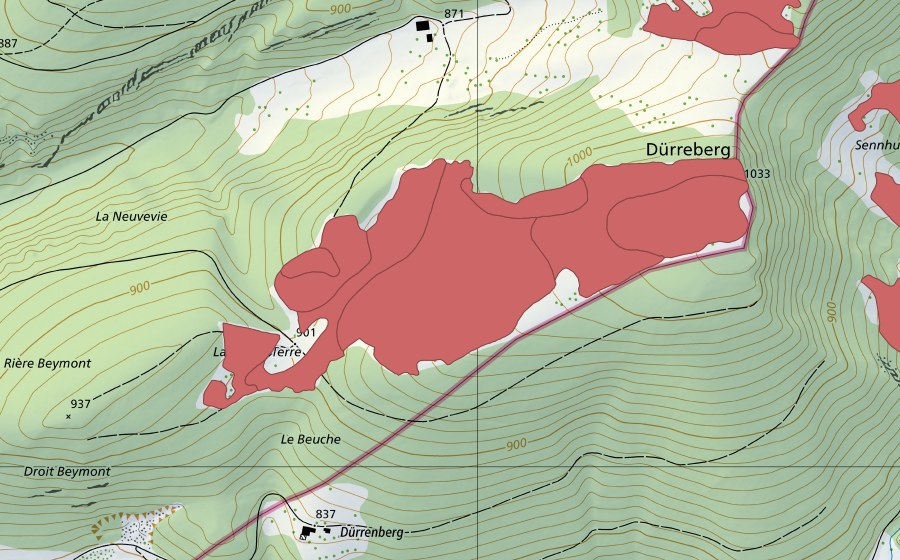 Carte nationale swisstopo avec le périmètre protégé de Les Pouches (Prairie sèche)
