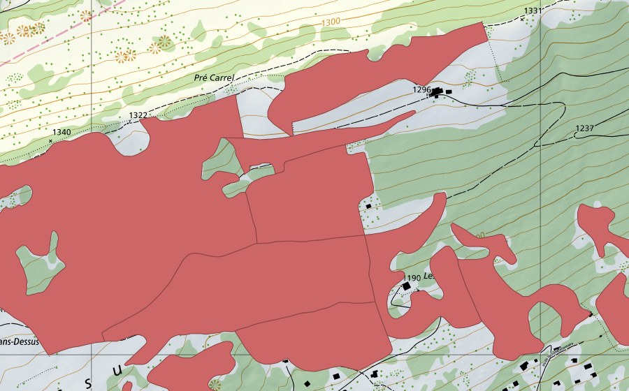 Carte nationale swisstopo avec le périmètre protégé de Les Prés d'Orvin (Prairie sèche)