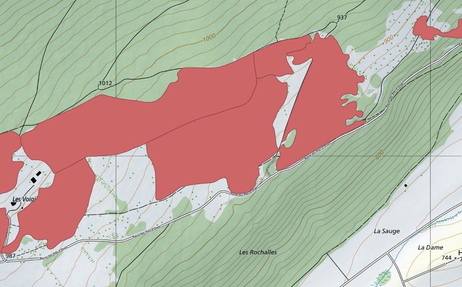 Carte nationale swisstopo avec le périmètre protégé de Les Prés d'Orvin (Prairie sèche)