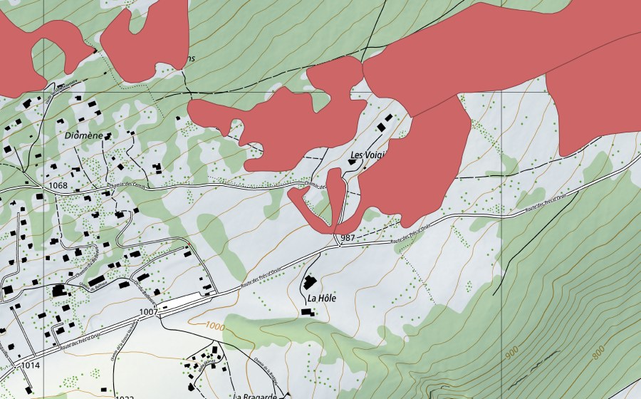 swisstopo national map showing the protected perimeter of Les Prés d'Orvin (Dry meadow)