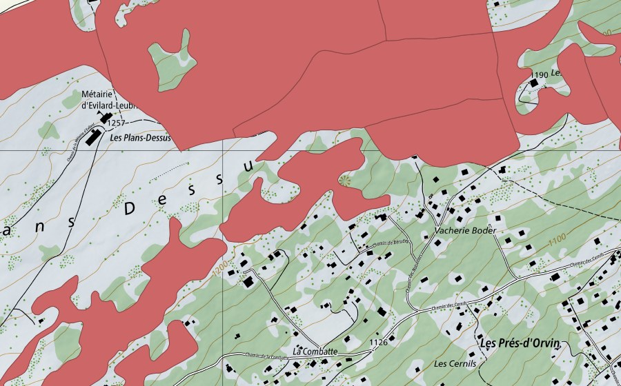 Landeskarte swisstopo mit dem Schutzperimeter von Les Prés d'Orvin (Trockenwiese)