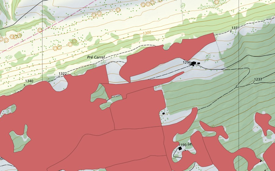 swisstopo national map showing the protected perimeter of Les Prés d'Orvin (Dry meadow)