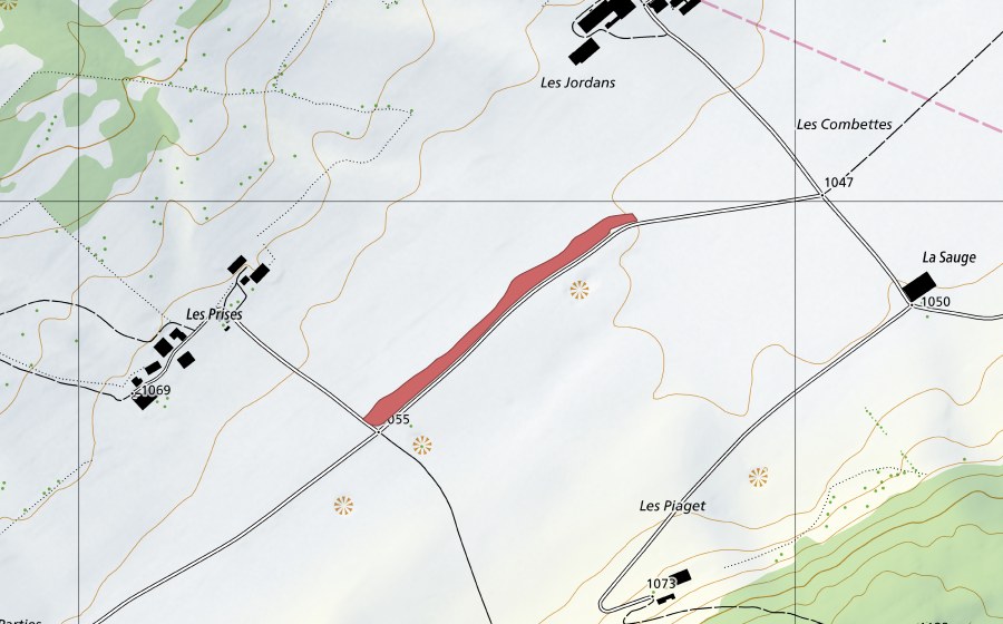 Landeskarte swisstopo mit dem Schutzperimeter von Les Prises (Trockenwiese)