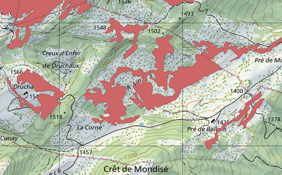 Carte nationale swisstopo avec le périmètre protégé de Les Râpes (Prairie sèche)