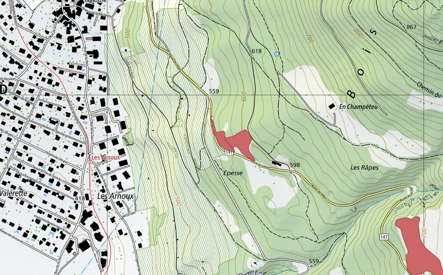 Carte nationale swisstopo avec le périmètre protégé de Les Râpes (Prairie sèche)