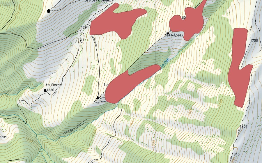 Carte nationale swisstopo avec le périmètre protégé de Les Râpes Dessous (Prairie sèche)