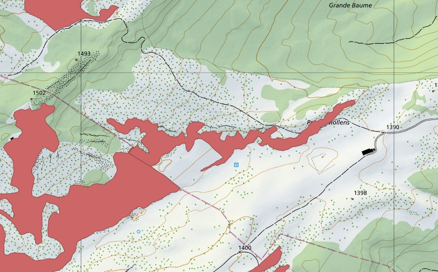 swisstopo national map showing the protected perimeter of Les Râpes (Dry meadow)