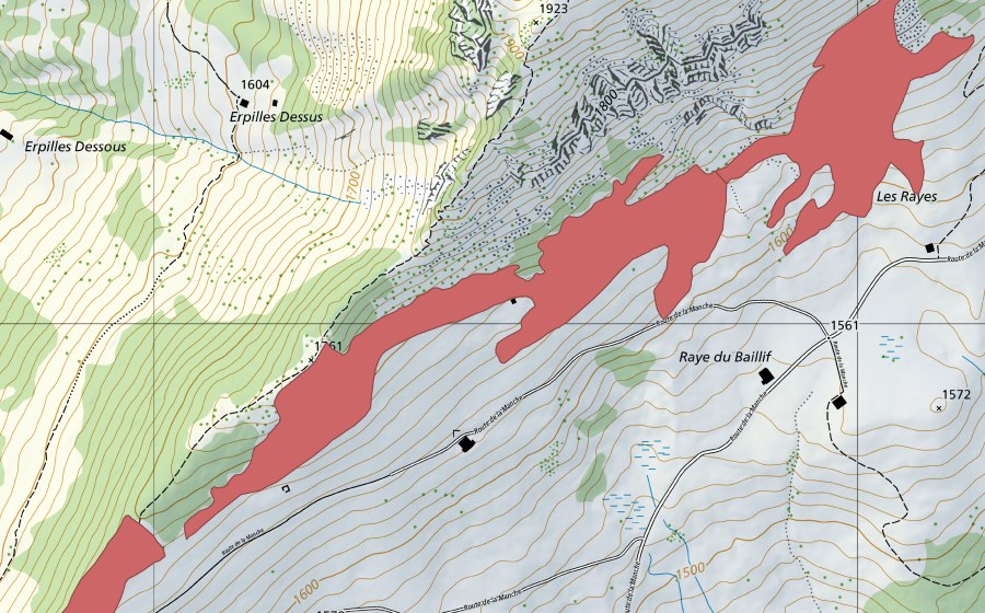 Carte nationale swisstopo avec le périmètre protégé de Les Rayes (Prairie sèche)